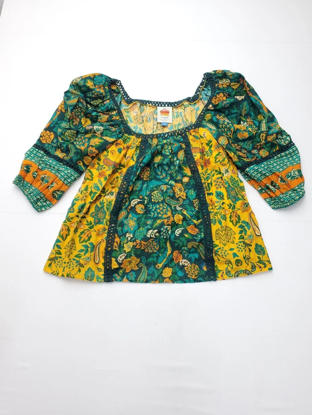 Farm Rio x Anthropologie Lace Inset Peasant Blouse Puff Sleeve Cotton Top Sz XS